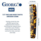 Giorgio G31 Fine Tooth and Wide Tooth,Hair Comb - Hair Styling Comb for Men, Grooming Hair Combs for Women, Mens Beard Care Combs for Detangling and Styling - Handmade Saw-Cut and Hand Polished