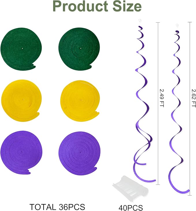 36 Pcs Green Yellow Purple Hanging Swirl Decorations Felt Swirl Streamer Spiral - Image 2