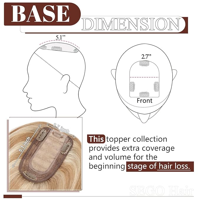 SEGO Hair Topper for Women, No Bangs Real Human Hair Topper with Anti-Slip Clips (8 Inch#12/613 Golden Brown Mix Bleach Blonde)
