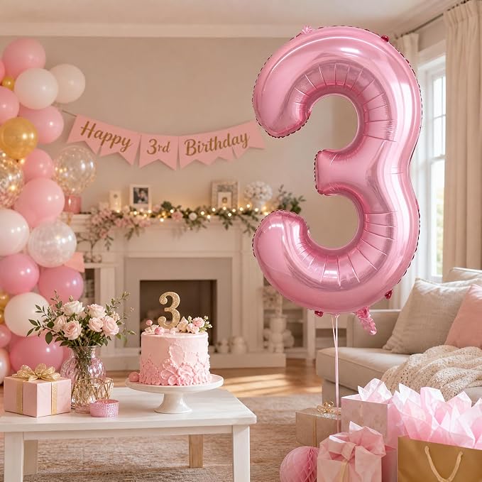 40 Inch Pink Number 3 Balloon, Giant Number Balloons, Birthday Decorations | - Image 5