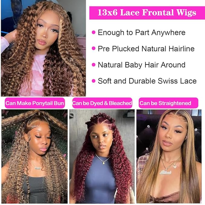 30inch Highlight Ombre Lace Front Wig Human Hair 13x6 HD Honey Blonde 4/27 Deep Wave Lace Frontal Wigs Glueless Wigs Human Hair (Highlight Ombre Lace Front Wig, 4/27 blonde wig-32 inch, deep wave)