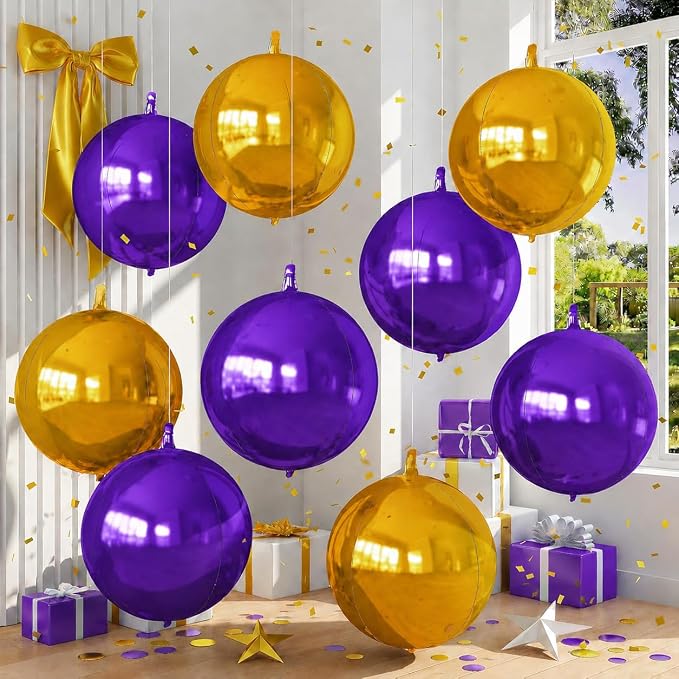 9 Pcs Purple Gold Round Foil Balloons Dark Purple Metallic Gold Chrome 4D Ball by Froova