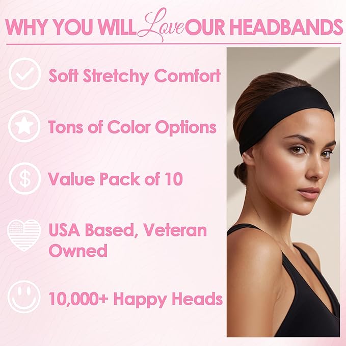 Styla Hair Headbands for Women Stretch Fashion Head Bands 10 Pack Non-Slip Head Wraps Great for Spa, Sports, Yoga, Pilates, Running, Gym Headband, Workouts (Black Grey)