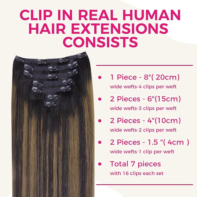 Lashey Clip in Hair Extensions Real Human Hair 7pcs 120g Straight Natural Black Mixed Chestnut Brown Hair Extensions Clip ins for Black Women 22 Inch