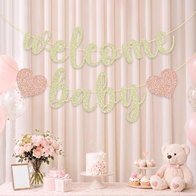 Pre-Strung Welcome Baby Banner | Champagne Gold Glitter Baby Shower Decorations - Image 7