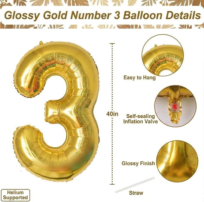 Gold Number 3 Balloon 40 Inch, Shiny Gold Foil - Image 4