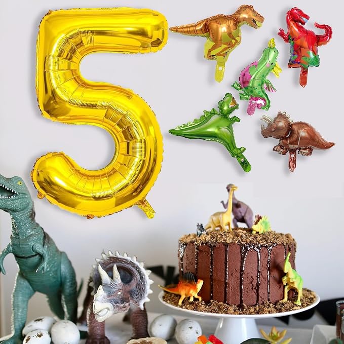 LilyZheng Dinosaur Balloon Number 5, 40 Inch Gold Foil Balloon and 5 Mini - Image 4