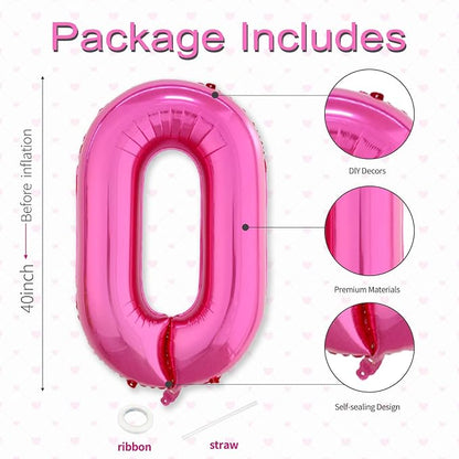 40 Inch Hot Pink Number 0 Balloon, Giant Number Balloons, Birthday Decor | - Image 3