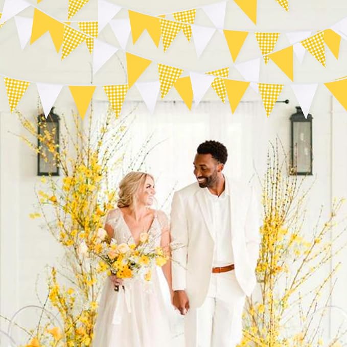 32Ft Yellow Party Decorations Yellow White Plaid Checkered Pennant Banner - Image 5