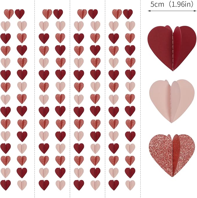 Rose-Gold Pink Burgundy-Red 3D-Heart Garland - 39Ft Galentines Valentines Day - Image 3