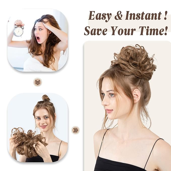 CJL HAIR Large Messy Bun Hair Piece Wavy Curly Scrunchies Synthetic Chignon Ponytail Hair Extensions Thick Updo Hairpieces for Women Brunette Blonde Multi