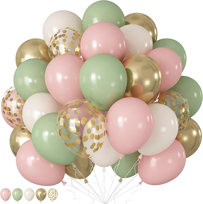 Pink and Green Balloons, 12 Inch Sage Green Pearl Pink and White Gold Confetti by Froova
