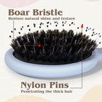 Mini Boar Bristle Hair Brush - Boar & Nylon Bristle Small Brush for Women Kids Long Short Hair to Smooth Add Shine - Travel Size Hair Brush for Purse,Pocket - Blue