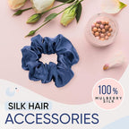 Blissy Silk Scrunchies (3 Pack) - 100% Pure Mulberry Silk - 22 Momme 6A High-Grade Fibers Scrunchie for Straight & Curly Hair - Preventing Breakage, Tangling, & Creasing (Blue Skinny)