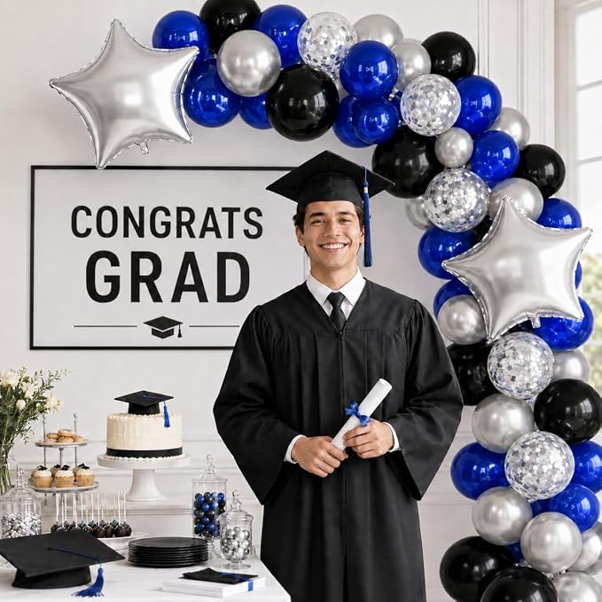 Blue Black Balloons for Birthday Party Decor | 12 Inch Royal Blue Black Silver - Image 9