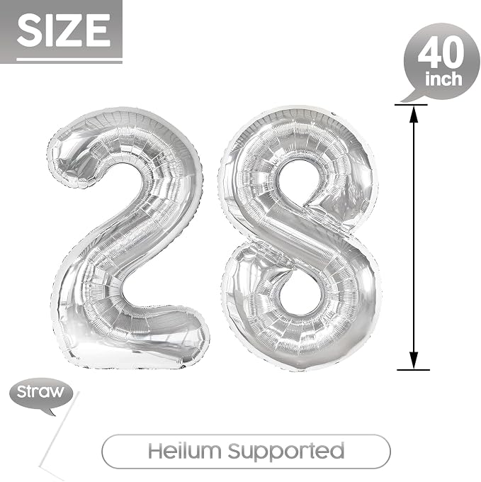 28 Balloon - Silver Birthday Number Balloons, 40 Inch Decorations Men Women | - Image 5