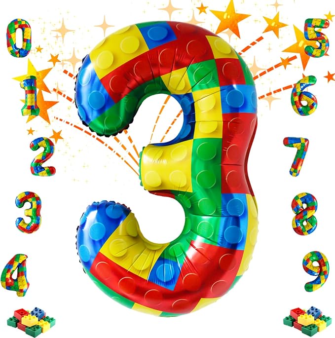 32 Inch Stackable Block Number 3 Balloon – Colorful Brick Building Themed Big by Unknown
