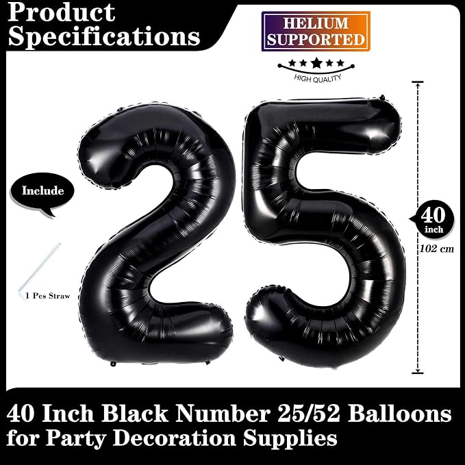 Black 25 Number Balloons, 40 Inch Giant Number 25 Balloons Foil Mylar Helium - Image 2