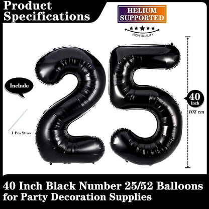 Black 25 Number Balloons, 40 Inch Giant Number 25 Balloons Foil Mylar Helium - Image 2