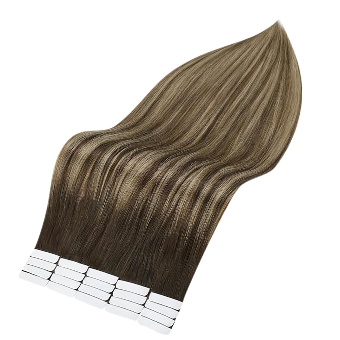 Full Shine Invisible Tape in Hair Extensions 16Inch 50Gram Color 2/3/27 Brown And Caramel Blonde Tape in Extensions Seamless Skin Weft Real Human Hair Extensions Tape ins 20 Pcs for Women
