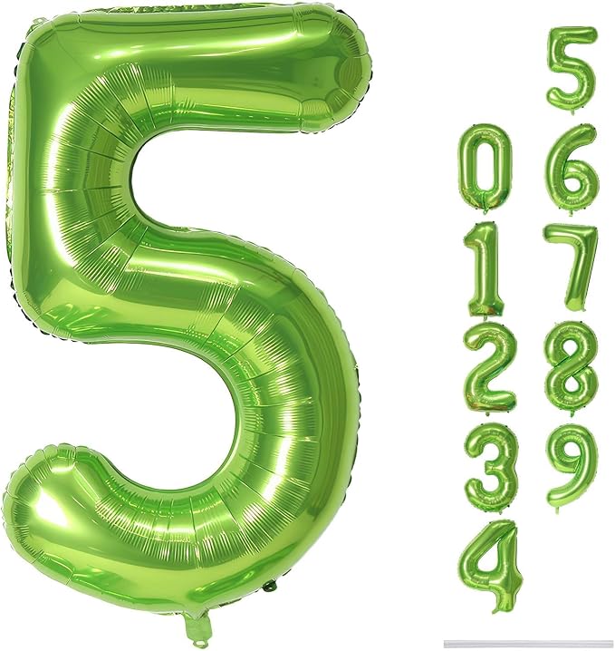 Green Number 5 Balloon for Girls Boys, 40 Inch Large Number 0-9 Foil Mylar by Lingqiang