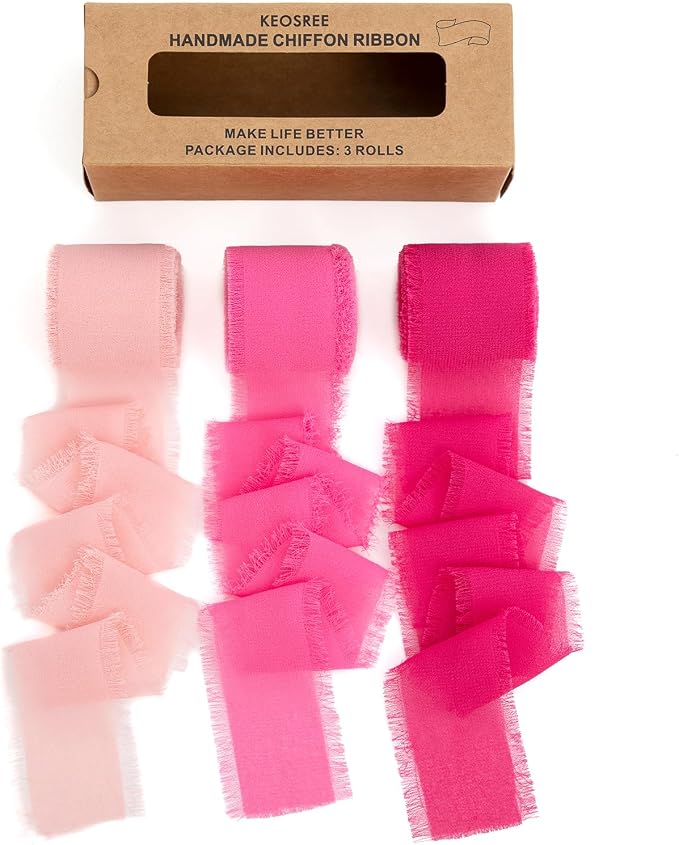 KEOSREE Hot Pink Pastel Pink Chiffon Ribbon, 1.5" x21Yd | Handmade Frayed Silk by KEOSREE