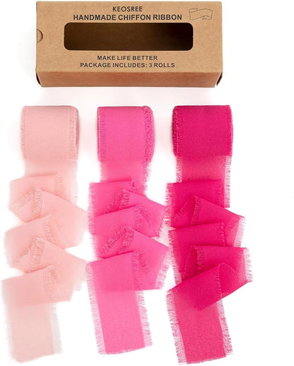 KEOSREE Hot Pink Pastel Pink Chiffon Ribbon, 1.5" x21Yd | Handmade Frayed Silk by KEOSREE