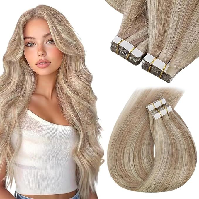 Sunny Hair Tape in Hair Extensions Real Human Hair Invisible Remy Hair Extensions Tape ins for Women Ash Blonde Highlight Bleach Blonde with Pink Hue 22 inch 40pcs 100g