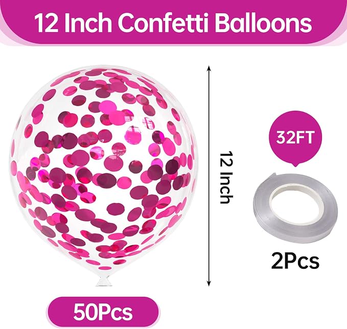 50pcs Hot Pink Foil Confetti Balloons, 12 inch Latex Balloon - Image 2