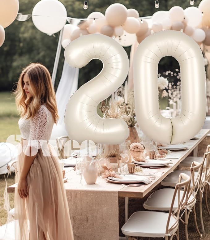 SUWEN 40 Inch Cream White Large 20 Number Balloons Big Foil Helium Number - Image 3