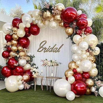 Burgundy Gold Balloons Garland Double Stuffed Pearl White Gold Maroon Wine Red by LUXURparty
