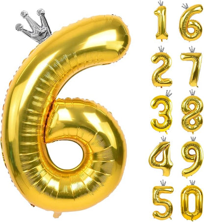 Gold Number 6 Balloon with Crown, 40 inch Gold Number Balloon 6th Birthday by Yeodong