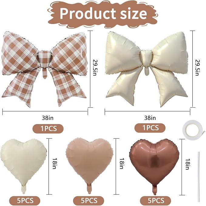 Vuzvuv Brown Gingham Bow Heart Balloons Set, Anniversary, Bridal Shower（Mix - Image 2