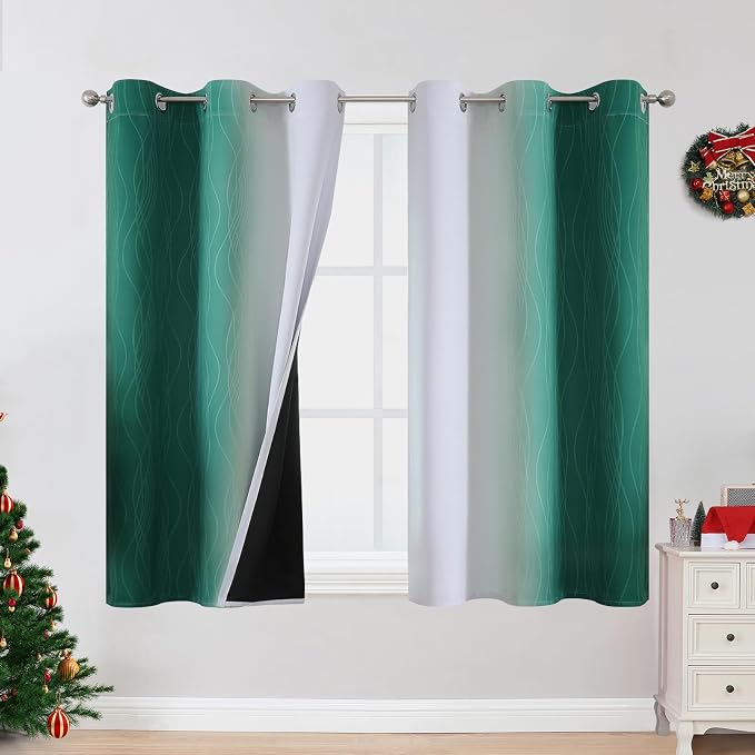 Green and Greyish White Ombre Blackout Curtains 45 Inch Length 2 Panels by ESTELARTEXTILER