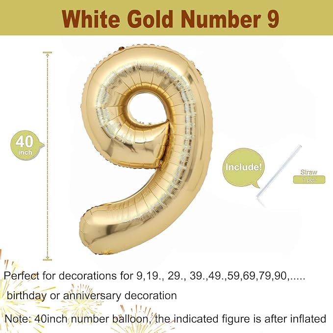 40 inch White Gold Number Balloon Giant Foil Helium Balloons Champagne Gold - Image 2