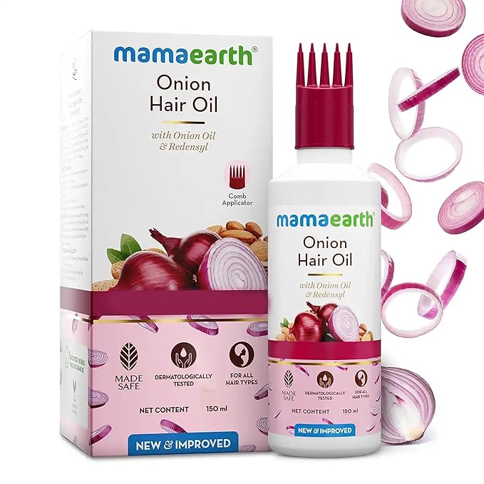 Mamaearth Onion Hair Oil | Natural & Organic Anti Hair Loss & Hair Fall Control Oil with Redensyl | for Color Treated & All Hair Types | 5.07 Fl Oz (150ml)