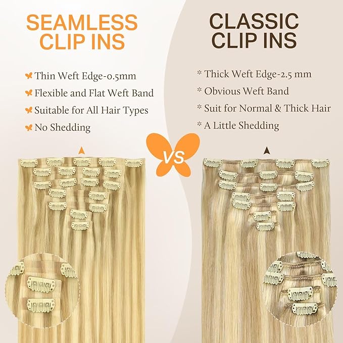 DOORES Hair Extensions Seamless Clip in Real Human Hair, DirtyBlonde Highlight Golden Blonde 24 Inch 120g 7pcs, Human Hair Extensions Skin Weft Remy Straight Hair Invisi Edge Hair Extensions