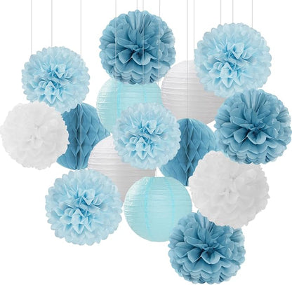 Dusty-Blue White Party-Decorations Paper-Flowers Lanterns by Hugfond