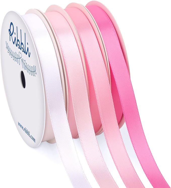 Ribbli Pink Satin Ribbon 3/8 Inch x 4 Rolls Total 40 Yards- White Pink Ribbon by Ribbli