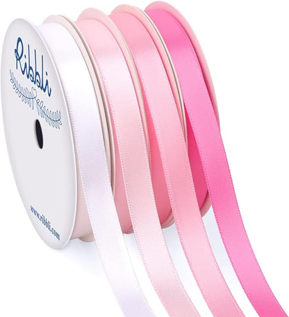 Ribbli Pink Satin Ribbon 3/8 Inch x 4 Rolls Total 40 Yards- White Pink Ribbon by Ribbli
