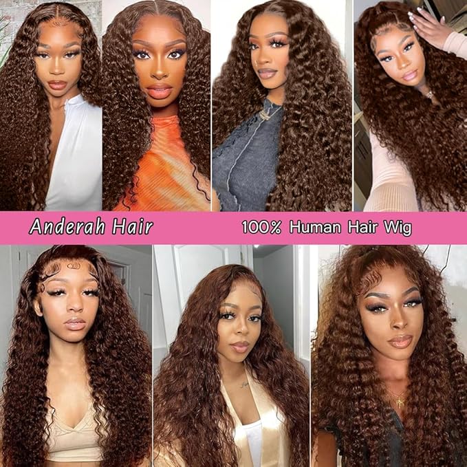 Anderah Chocolate Brown Deep Wave Lace Front Wigs Human Hair 200 Density 13x6 HD Lace Frontal Wigs Curly Human Hair Wig For Women Pre Plucked with Natural Hairline 4# Brown Color (32inch)