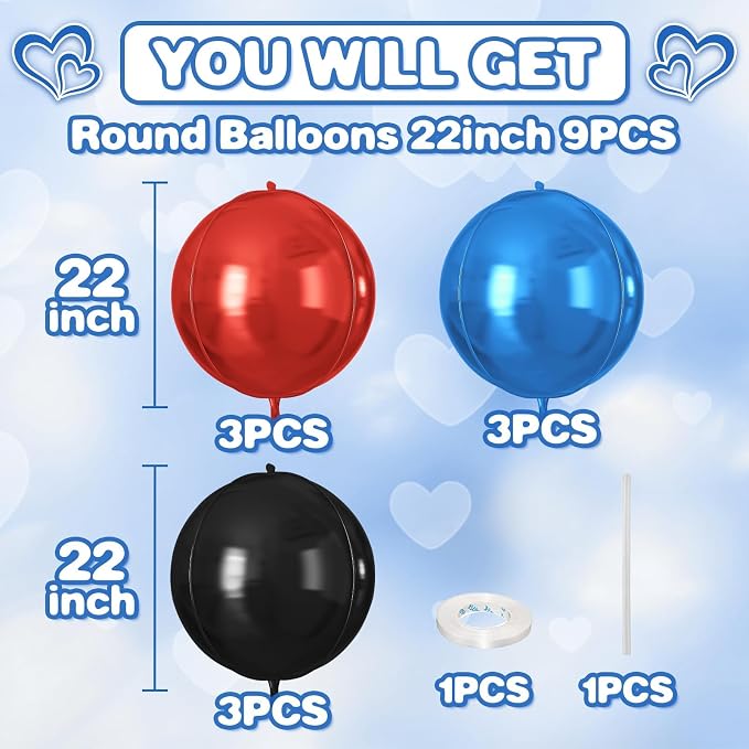 Red Blue Black Round Foil Balloons 9 pcs, Metallic Giant 4D Round Balloons 22 - Image 2