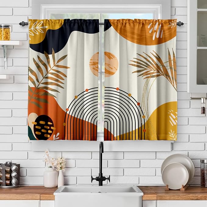 Orange Boho Curtains 39 Inch Mid Century Cafe Drapes by GOLDLAWN