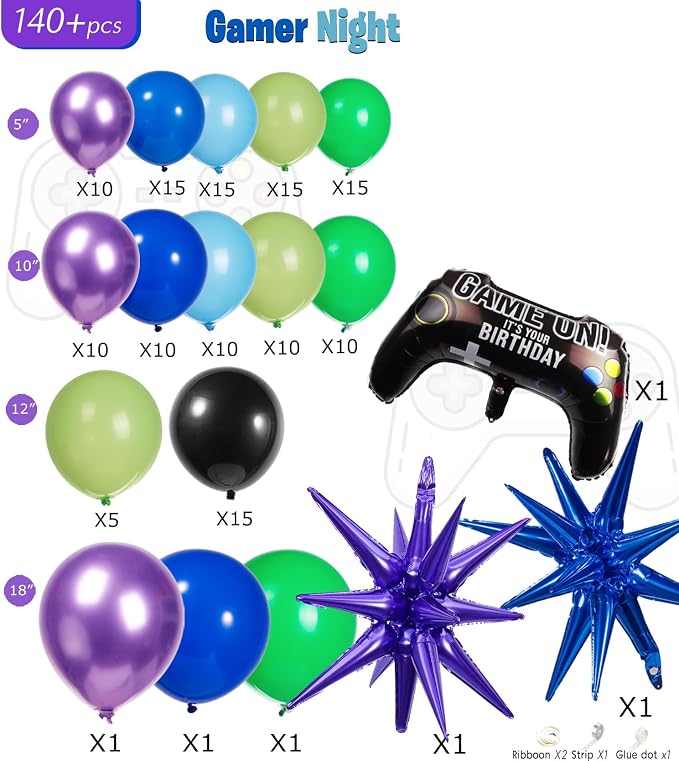 Video game balloon garland arch kit 140pcs purple blue green black balloons - Image 6