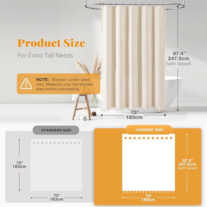 72x96 Extra Long Boho Linen Heavy Duty Shower Curtain Set, Cream/Beige | Extra - Image 3