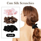 Silk Scrunchies for Women - 100% Mulberry Silk Hair Ties, 3 Pack, No Damage Elastic Ponytail Holders (Brown, Black, Pink)