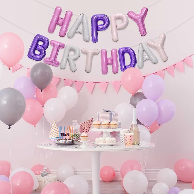Purple Pink Happy Birthday Balloon Banner, 16 Inch Foil Mylar Happy Birthday - Image 6