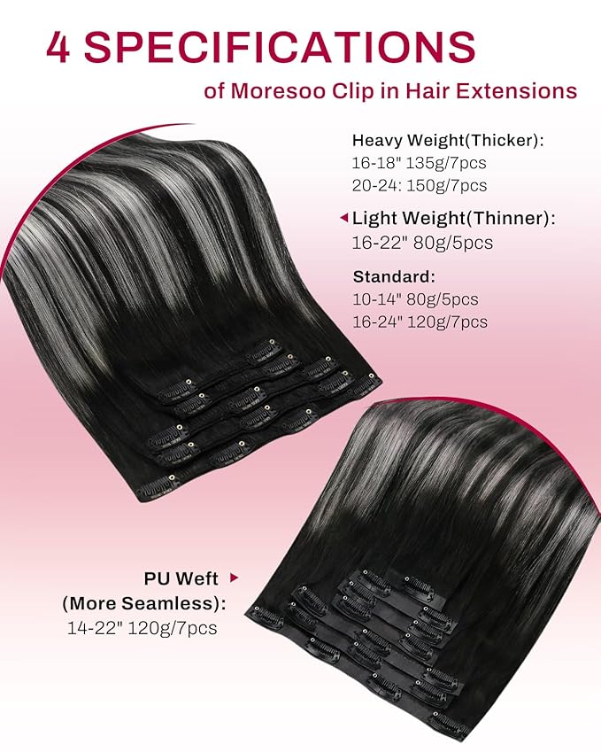 Moresoo Clip in Hair Extensions Real Human Hair Double Weft Human Hair Clip in Extensions Straight Ombre Balayage Black Mixed with Silver Grey 5pcs 80g 18inch