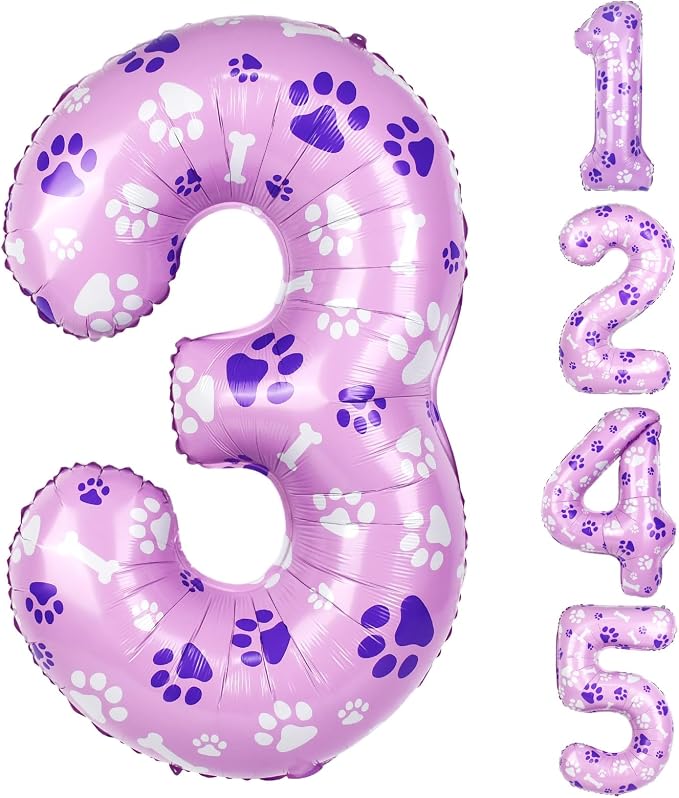 40 Inch Pink Dog Paw Balloons, Numeral 3 Birthday Balloons by AXBMM