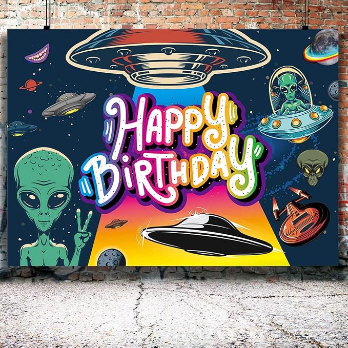 Funny UFO Happy Birthday Decorations Backdrop, Outer Space Universe Flying - Image 3